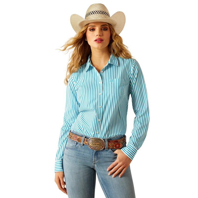 10058835 Ariat Women’s Kirby Pro Long Sleeve Button Up Shirt – Peacock Stripe