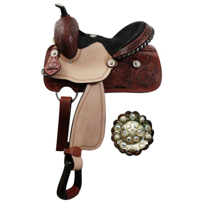 #119913: 13″ Youth Double Tbarrel saddle with fully tooled pommel, skirts and cantle