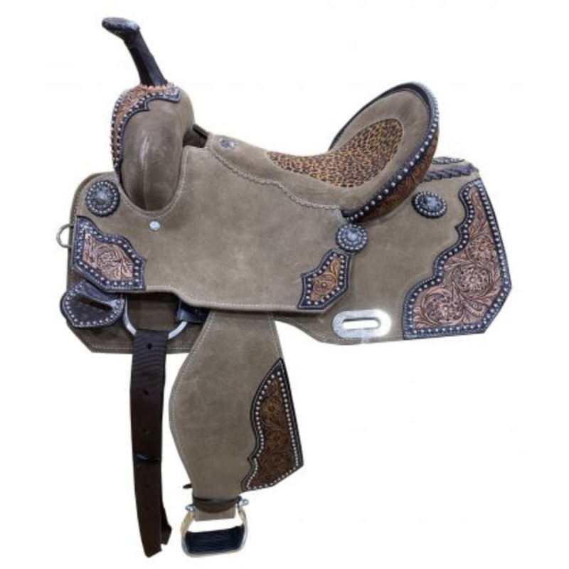 14″, 15″ DOUBLE T ROUGH OUT BARREL STYLE SADDLE WITH CHEETAH PRINTED INLAY