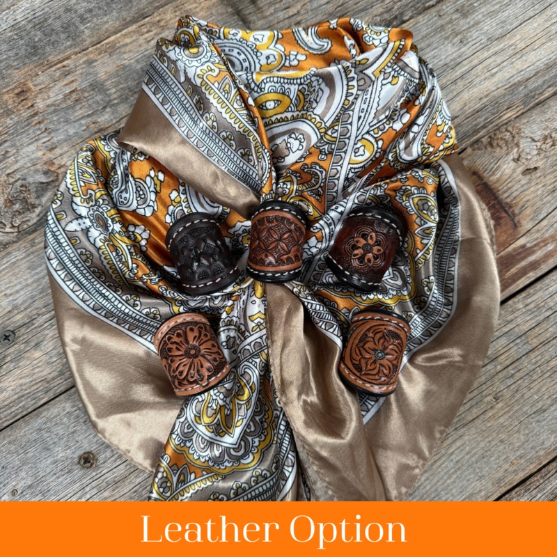 35X35″ Orange and Tan Paisley Wild Rag / Scarf WR2142 – Tooled Leather Wild Rag Slides – Assorted