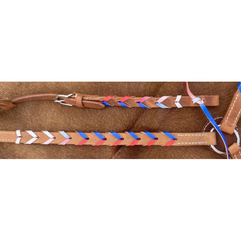 Showman  Argentina cow harness  L eather one ear headstall and breast collar set with red, white and blue lacing