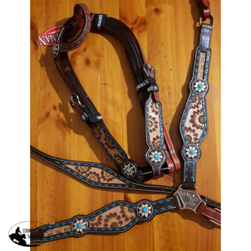 Showman Hand Painted Sunflower Leather One Ear headstall and breastcollar set.