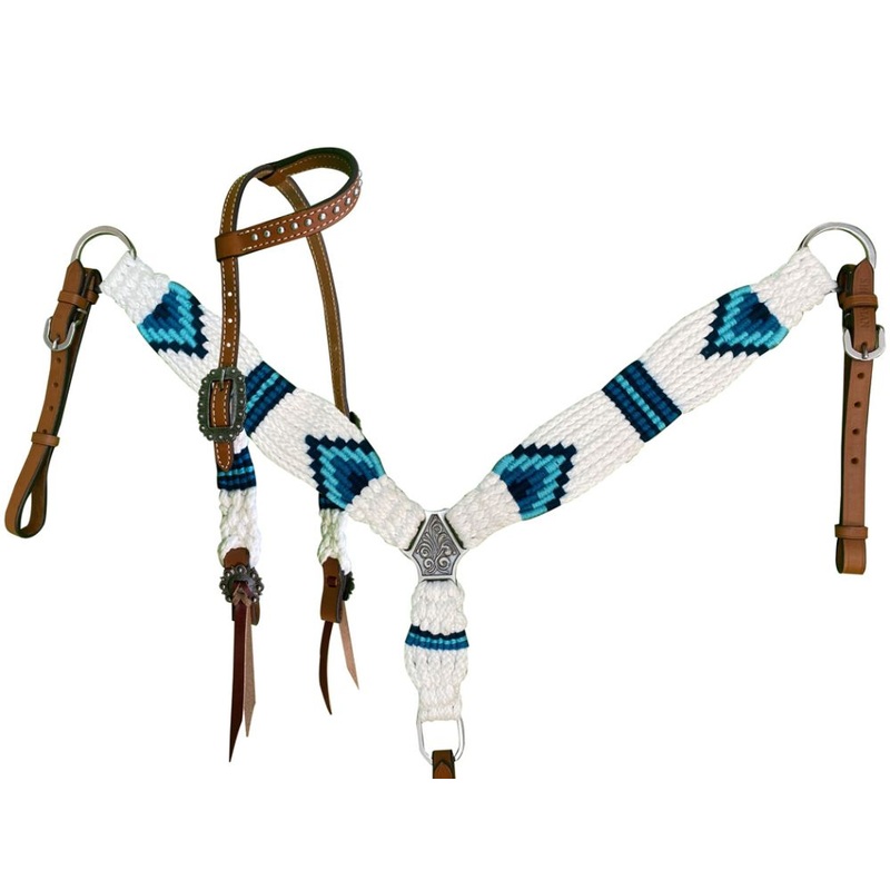 Showman Pony Size Corded One Ear Headstall & Breast collar set – white and teal