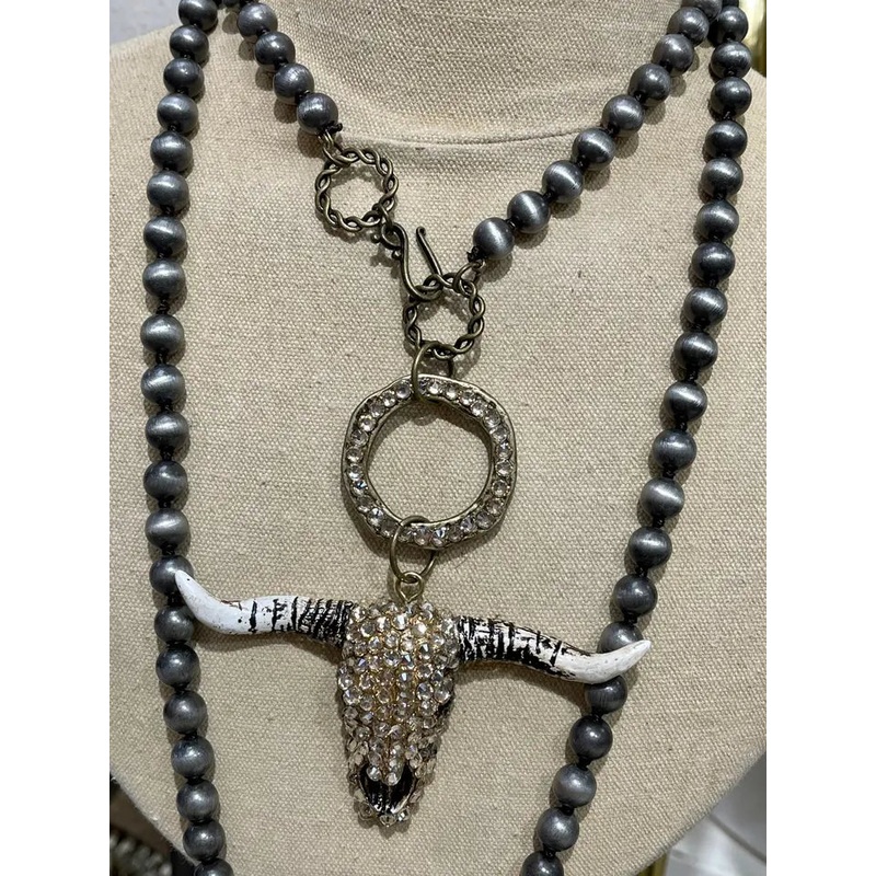 Hand Crystalled Cowskull On Navajo Pearl Inspired Knotted Necklace