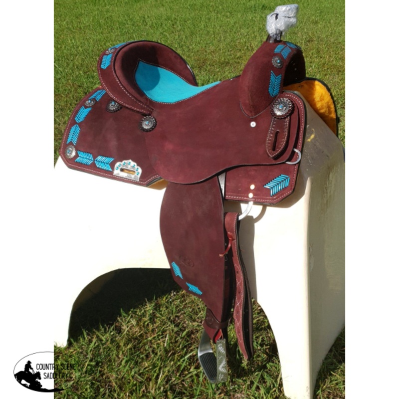 15″, 16″ Circle S Barrel Style Saddle with turquoise leather laced arrow trim.