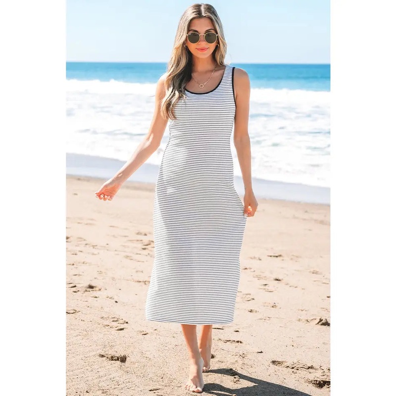Cecilia | Stripe Criss Cross Slim Fit Sleeveless Midi Dress
