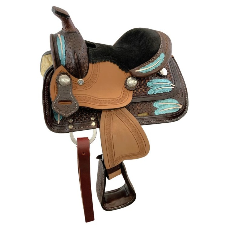 8″ Miniature Western Style Saddle – Painted Feather Tooling-FREE SHIPPING