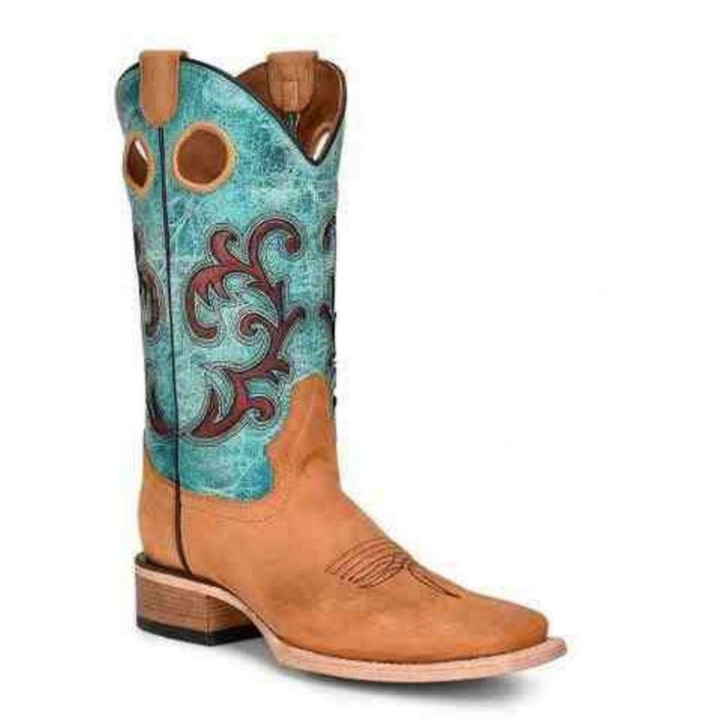 L5910 Circle G by Corral Women’s Honey & Turquoise Inlay Embroidery Square Toe Boots