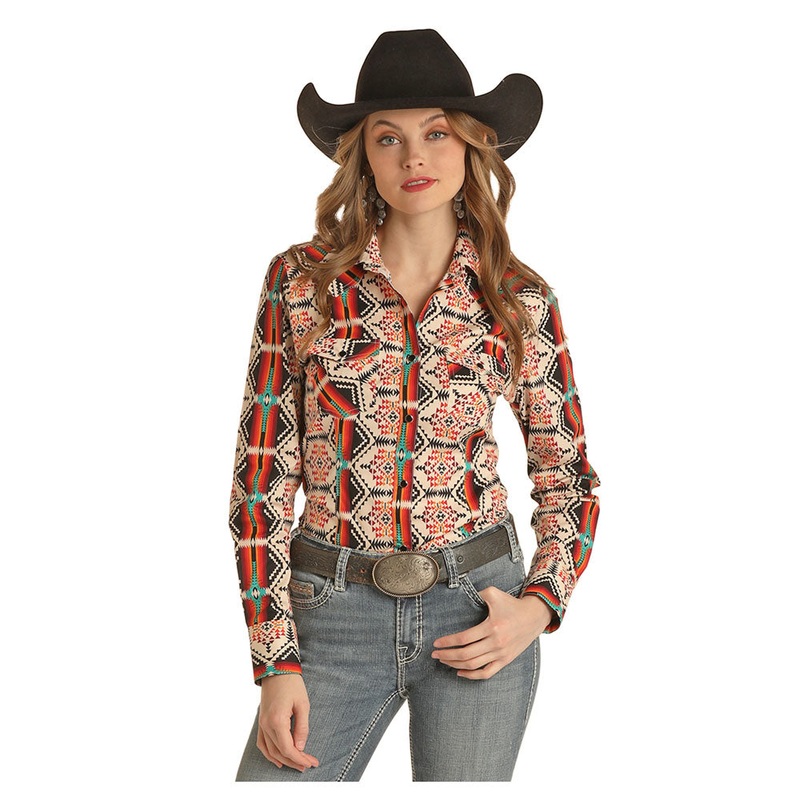 RRWSOSRZ0Z Rock & Roll Cowgirl Geo Stripe Western Snap Shirt – Natural