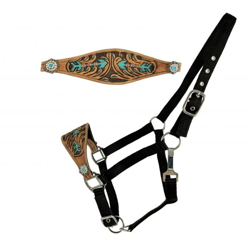Showman  Adjustable nylon bronc halter with hand painted arrow design nose band on medium leather