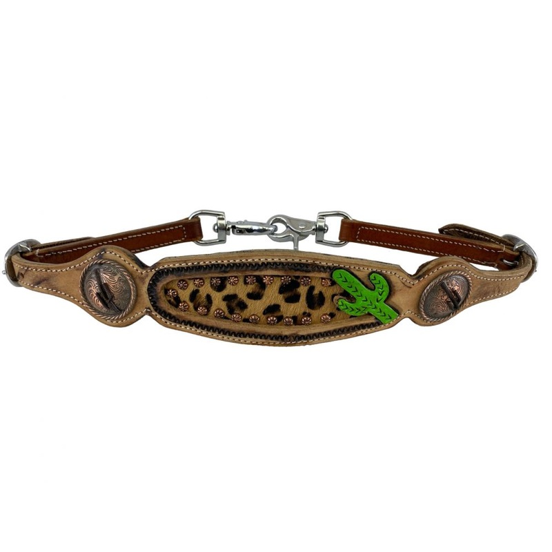 Showman wither strap with a painted cactus design, cheetah hair on inlay and copper cactus conchos