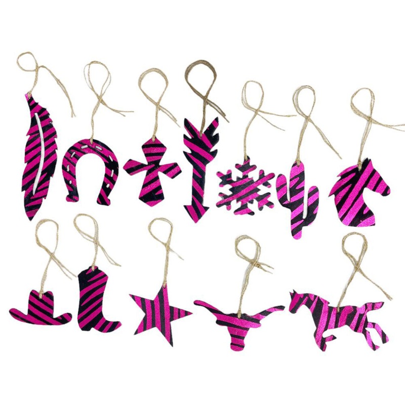 12 Piece Leather Christmas Ornament Set – Pink Zebra