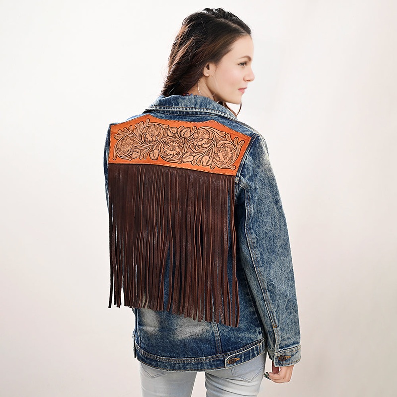 ADJKT005 Genuine leather Hand tooled hand carved Women 100% cotton Denim jacket  dress ladies girl