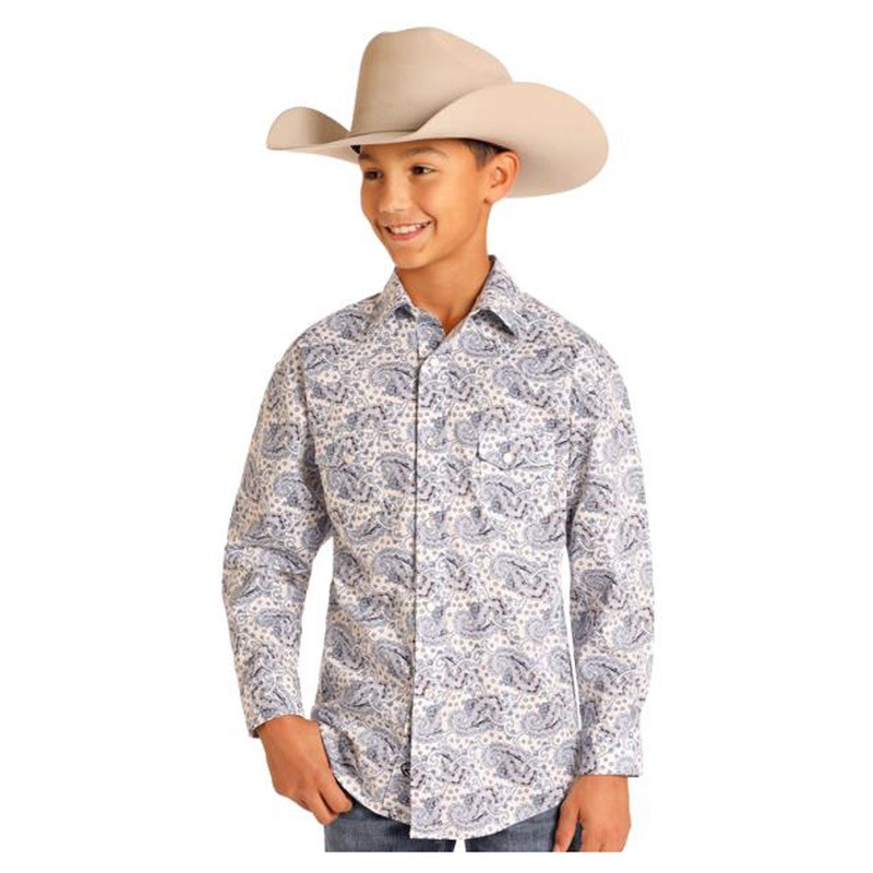 BBN2S04706 Rock & Roll Boys’ Long Sleeve Western Snap Shirt – White Paisley