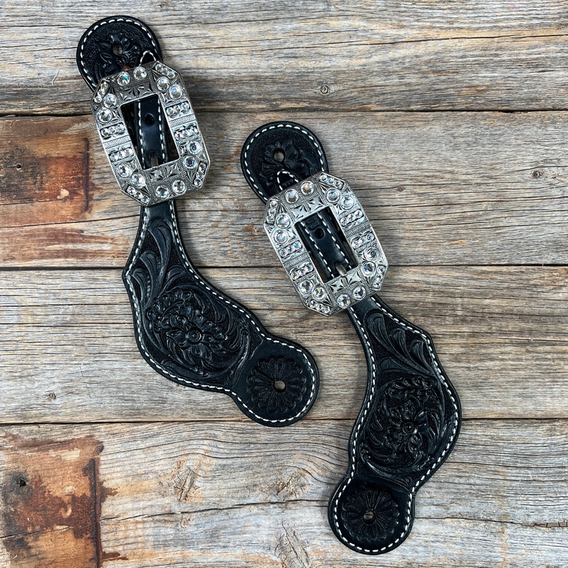 Black Floral Tooled Spur Straps – European Clear Buckles #SS107