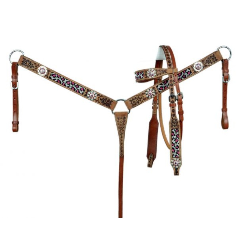 Showman  Browband beaded pink Cheetah Headstall and Breast collar Set with pink conchos, and a two tone light rough out and medium oil leather