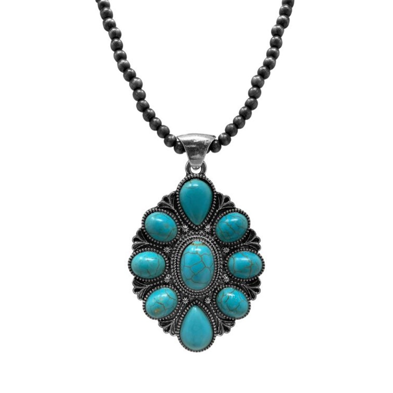 Teal Concho Pendant Metallic Navajo Pearl Necklace