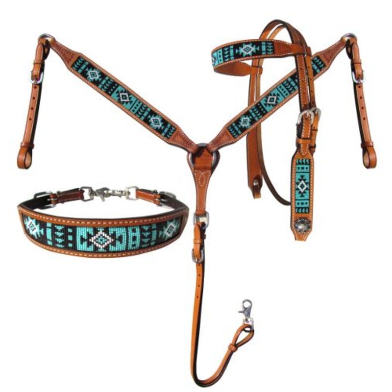 #14029: Showman Argentina Cow LeatherHeadstall and breast collar set with turquoise aztec beaded
