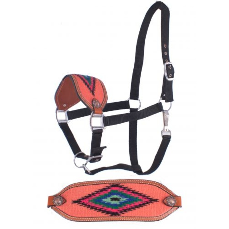 #202454: Showman   Adjustable nylon bronc halter with a embroidered pink noseband