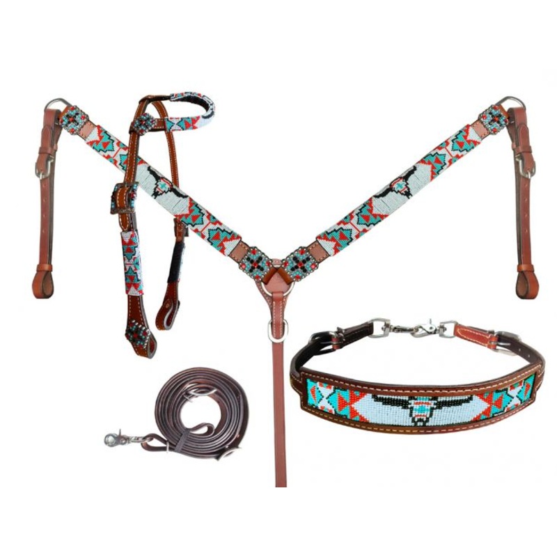 Showman 4pc. Longhorn Beaded One Ear Headstall And Breast Collar Set-FREE SHIPPING