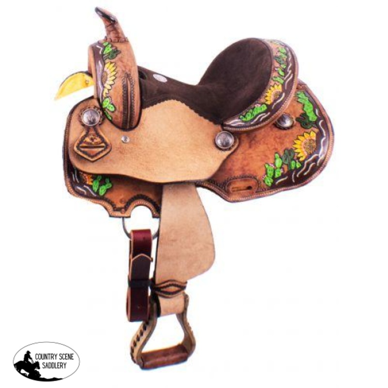 12″ Double T  Barrel Style Saddle with hand painted sunflower and cactus design.