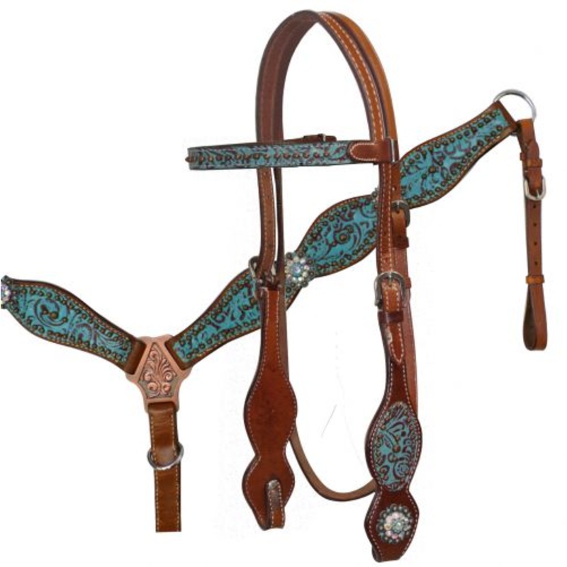 #12761: Showman Headstall and Breast Collar Set with Teal and Brown Filigree Print
