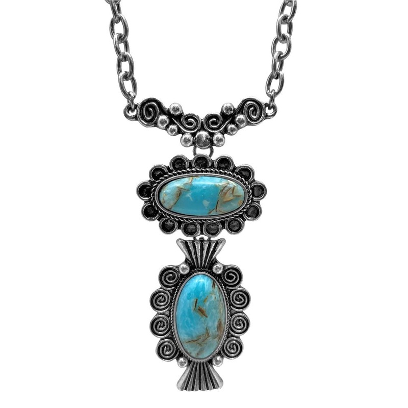 Western Oval Turquoise Stone Concho Double Pendant Necklace