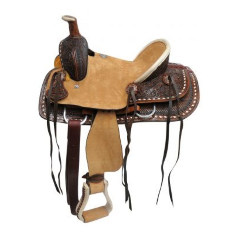 12″ Double T Youth hard seat roper style saddle with basket and floral tooled leather.