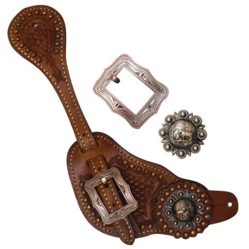 #30607: Showman Mens Size Spur Straps With Copper Praying Cowboy Concho