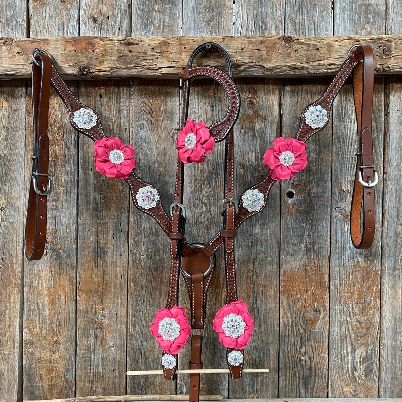 Medium Oil Basketweave Pink & AB One Ear Tack Set  #OEBC591