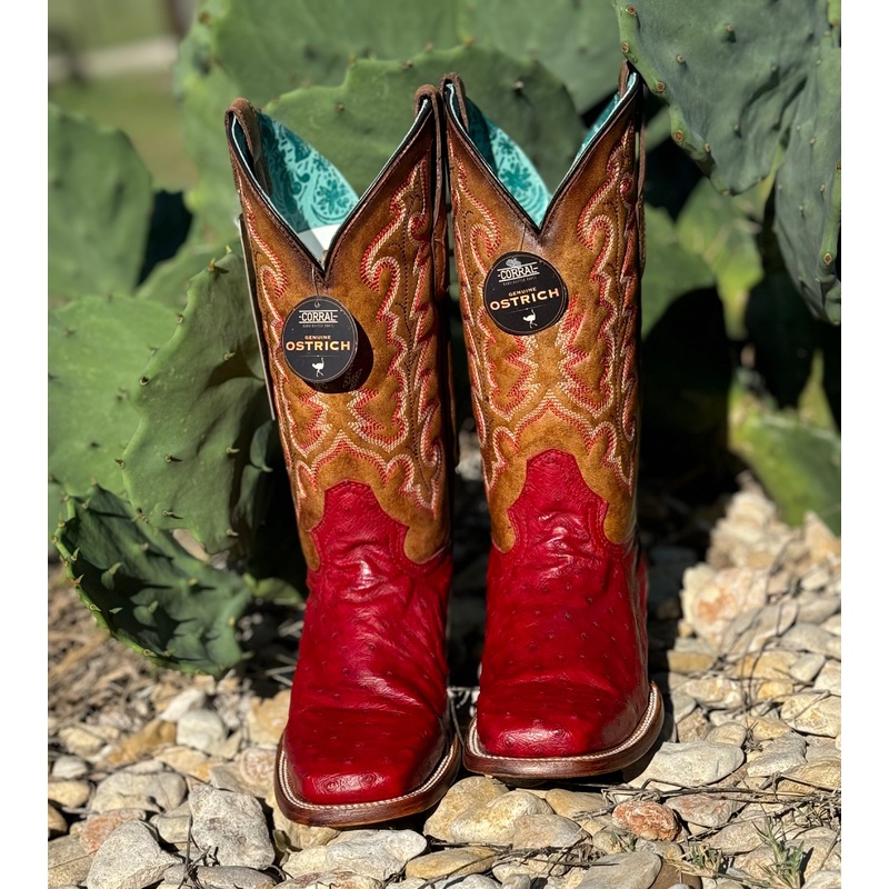Ladies Red/Sand Ostrich Square Toe Boot
