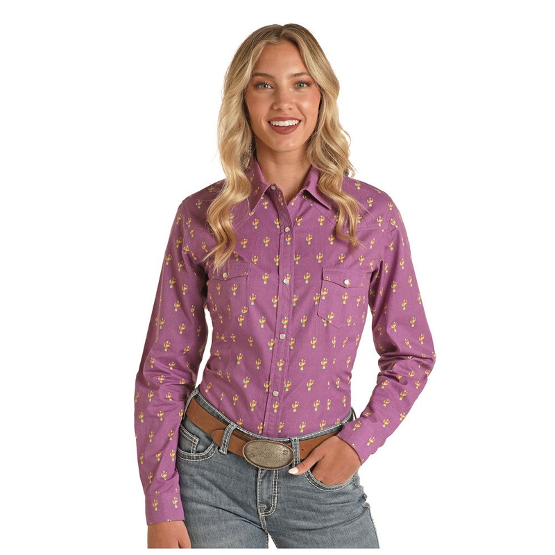 RLWSOSR13P Panhandle Junior’s Long Sleeve Snap Shirt- Dark Orchid w/Cactus Print
