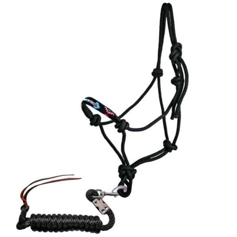 #16366: Showman Beaded arrow black rope halter with lead rope
