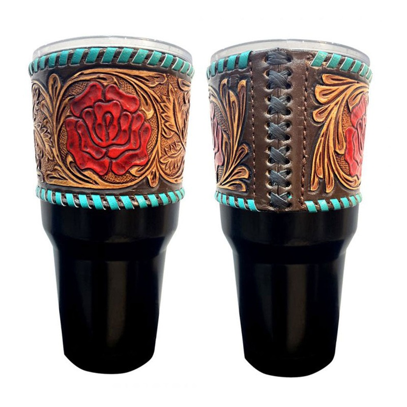 30 oz Insulated Black Tumbler with Removable Argentina Cow Leather floral tooled sleeve – red rose accent