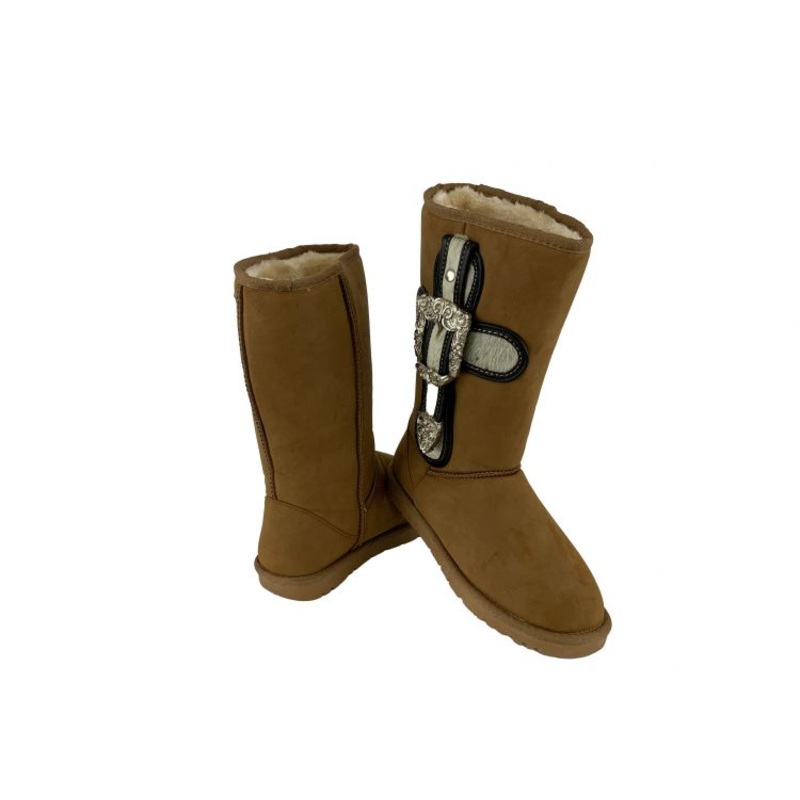 #BA3337-B: Camel suede tall boot with cross buckle and cowhide