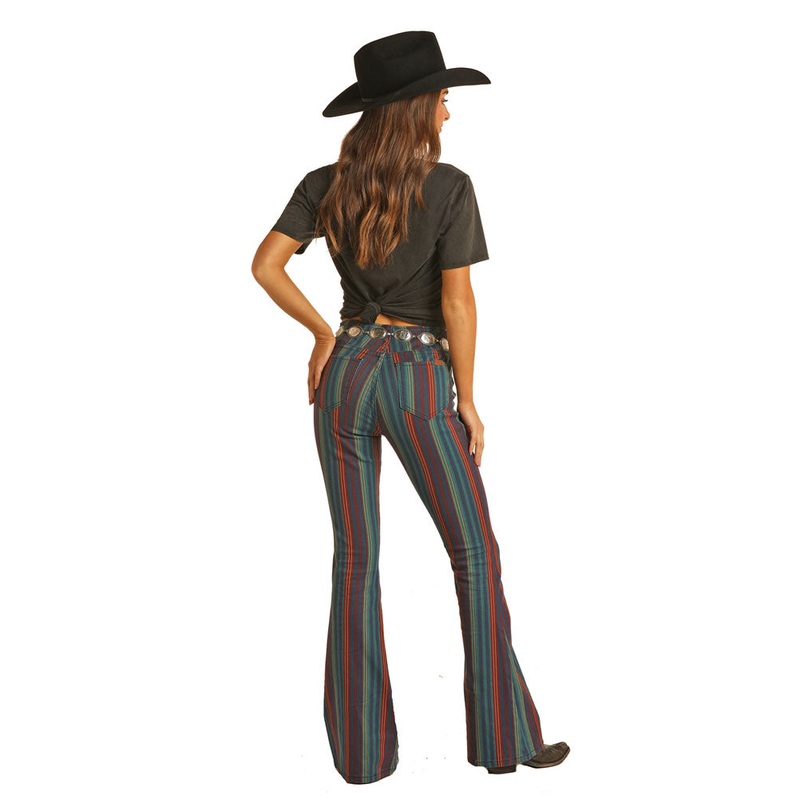 RRWD6PR0GD Rock & Roll Cowgirl Pull On Bargain Bell Flares – Evergreen Burgundy Stripe