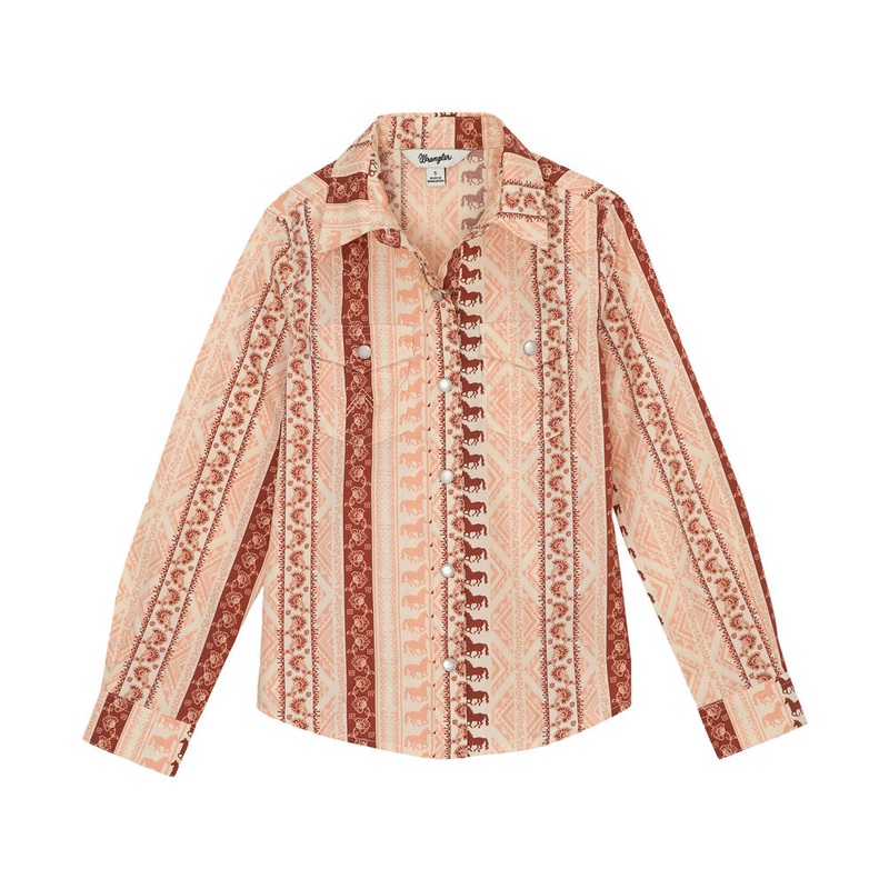 112359397 Wrangler Girls’ Western Long Sleeve Snap Shirt – Pink Print Stripe