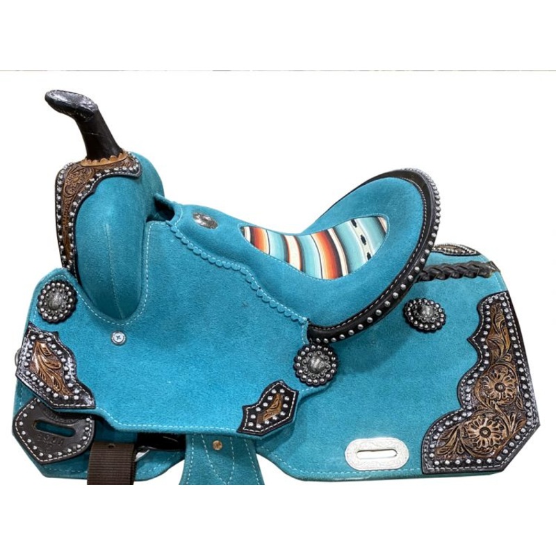 13″ DOUBLE T  Teal Rough Out Barrel style saddle with Southwest Printed Inlay