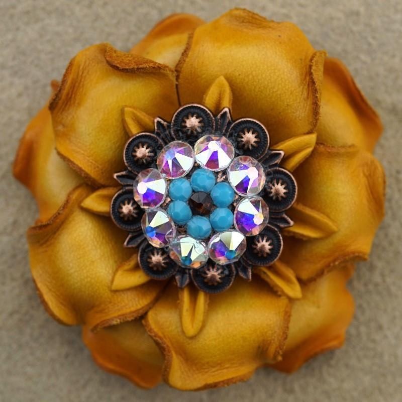 Yellow Gardenia Flower With Copper Topaz, Turquoise & AB 1.25″ Concho