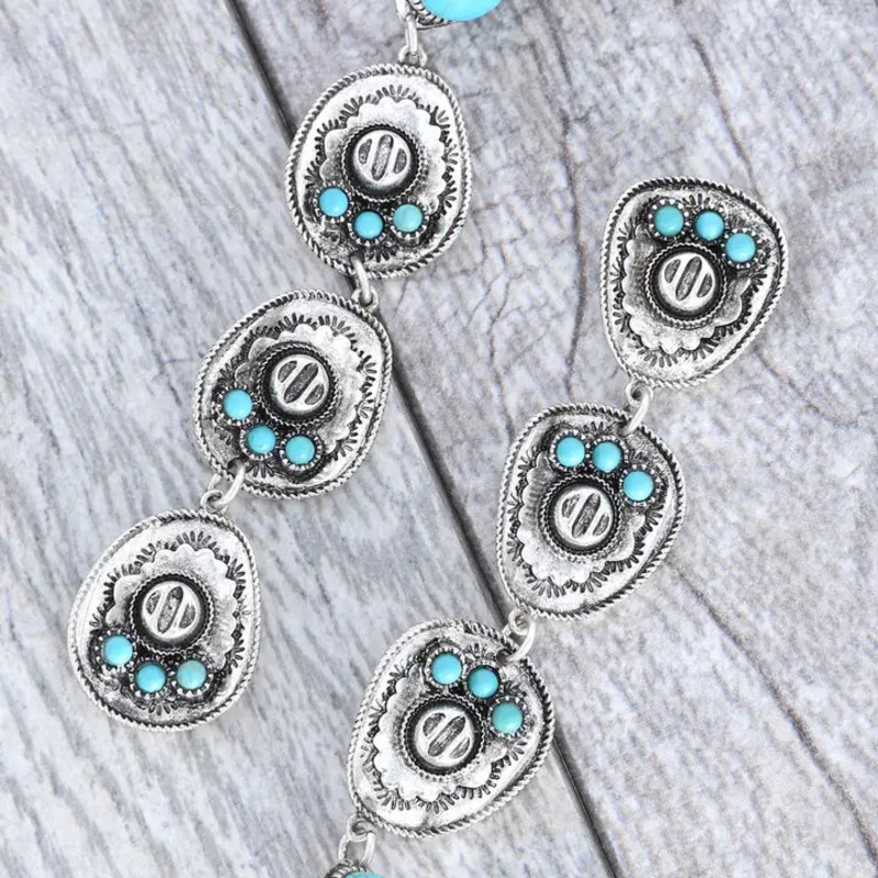 4 Tier Turquoise Semi Stone Cowboy Hat Disc Dangle Earrings