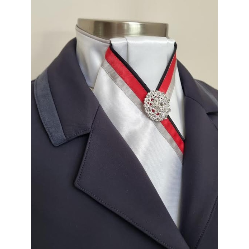 Cadenza Stock Tie~ White Pleated Center/Black Piping/ Red and grey Trim
