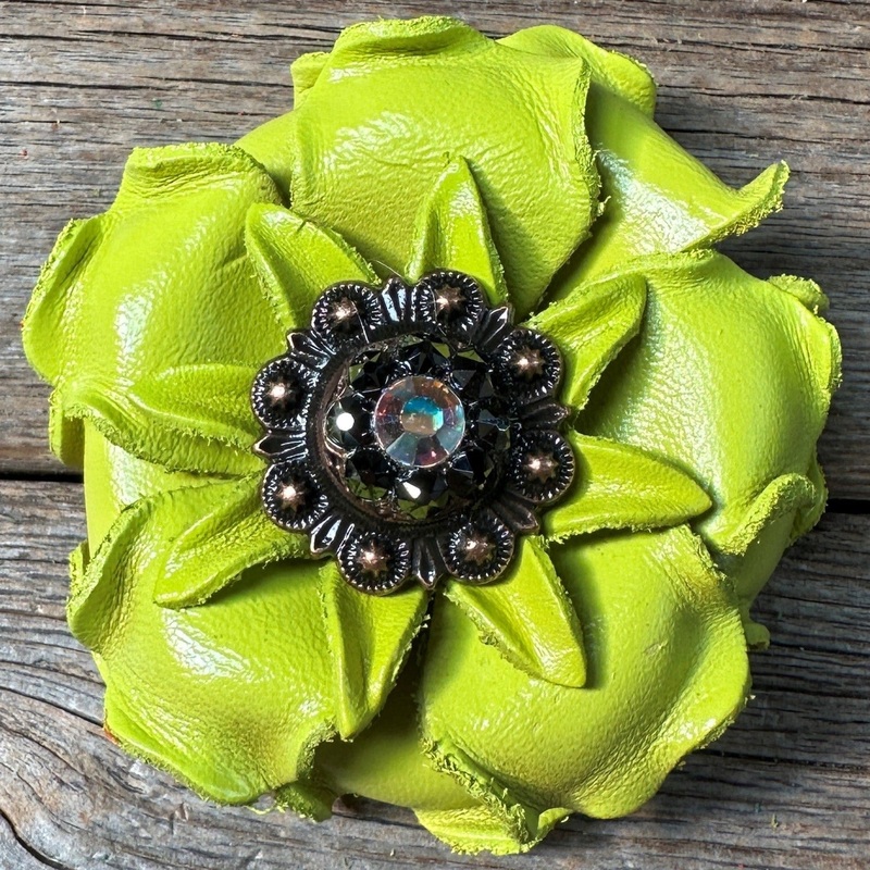 Neon Lime Gardenia Flower With Copper AB & Jet 1″ Concho