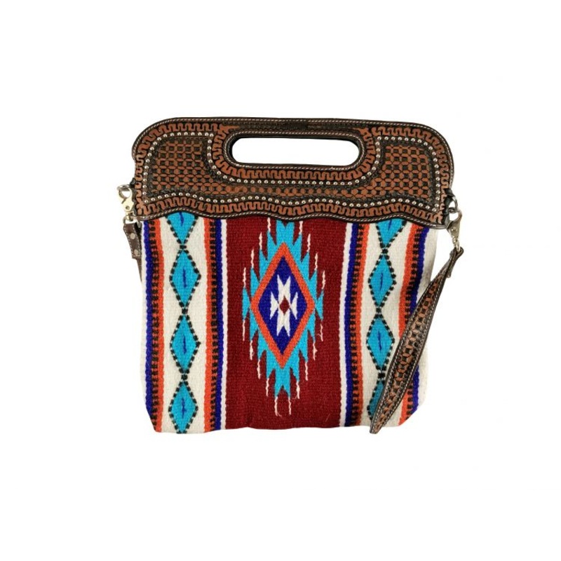 Showman  Saddle blanket handbag with genuine leather basket tooled handle with carry strap and zip closure
