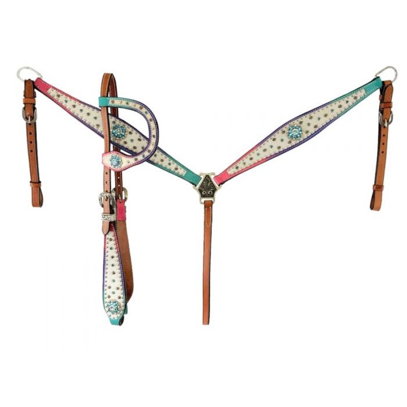 Showman Cowhide inlay One Ear headstall and breast collar set with Ombre Rainbow Leather beads and bling conchos and hardware