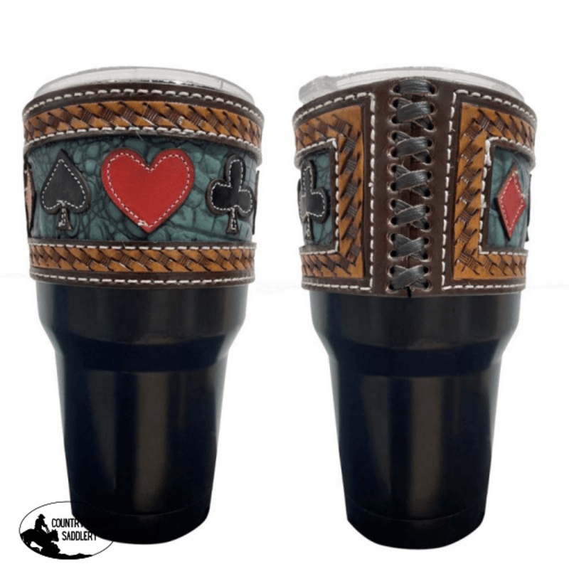 178543 30 oz Insulated Black Tumbler with Removable Argentina Cow Leather Sleeve – Playing Card Suits