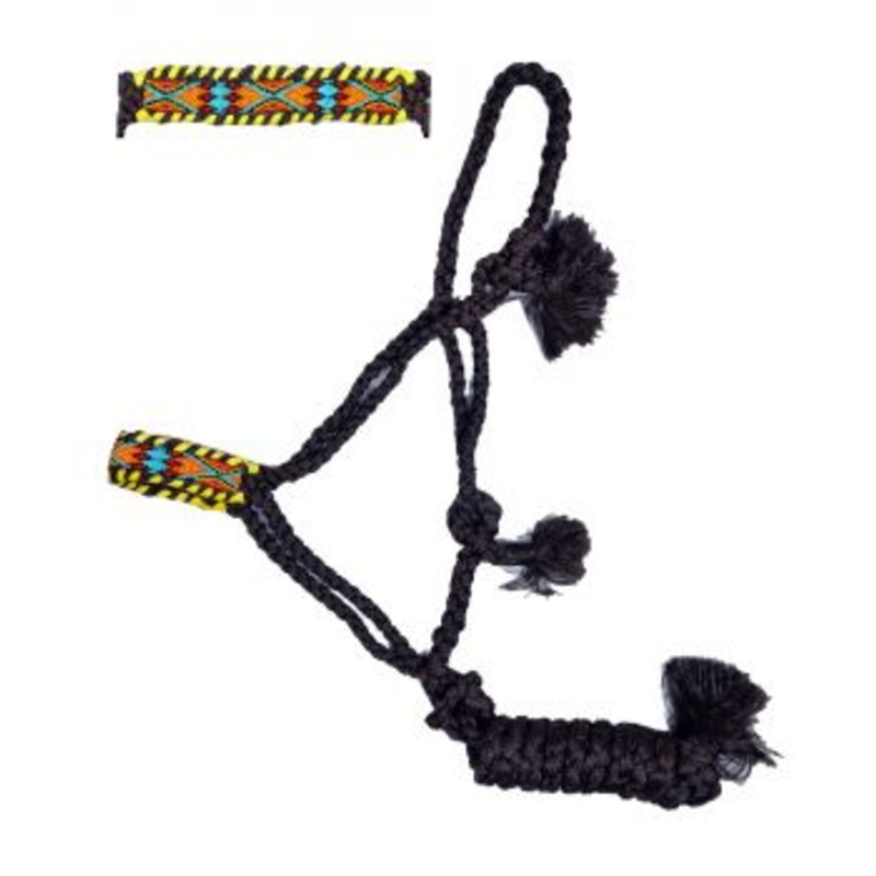 #722758: Showman Woven brown nylon mule tape halter with bright colored southwest beaded nose