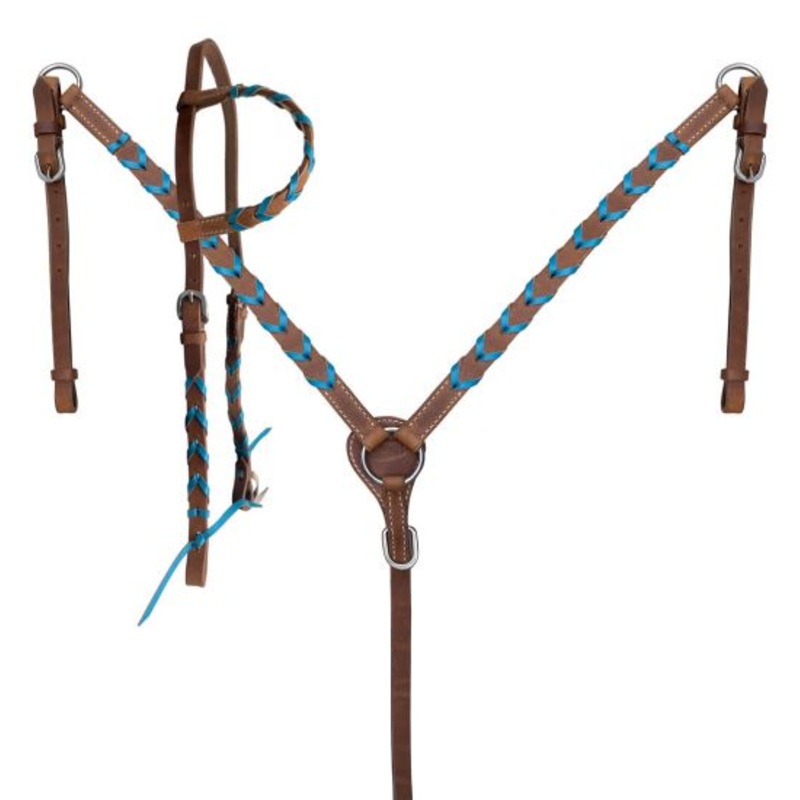 Showman  Argentina cow harness leather one ear headstall and breast collar set with colored lacing