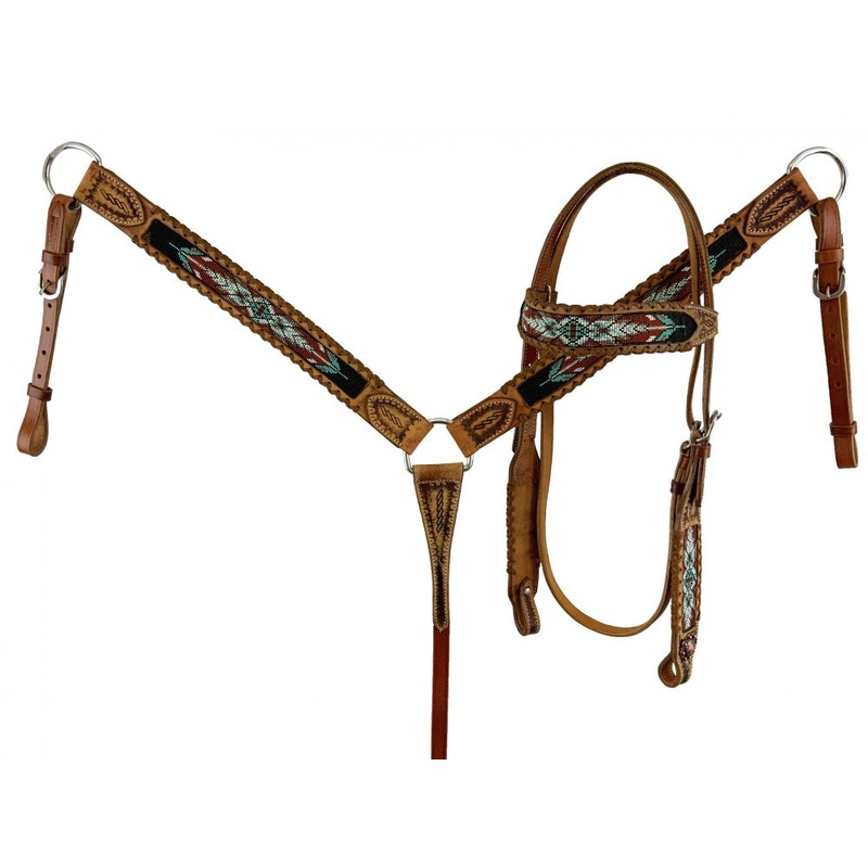 Showman Browband beaded Headstall and Breast collar Set with brown rawhide lacing accents