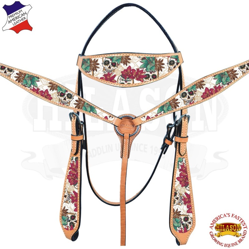 Western Horse Headstall Breast Collar Set American Leather Skulls Hilason