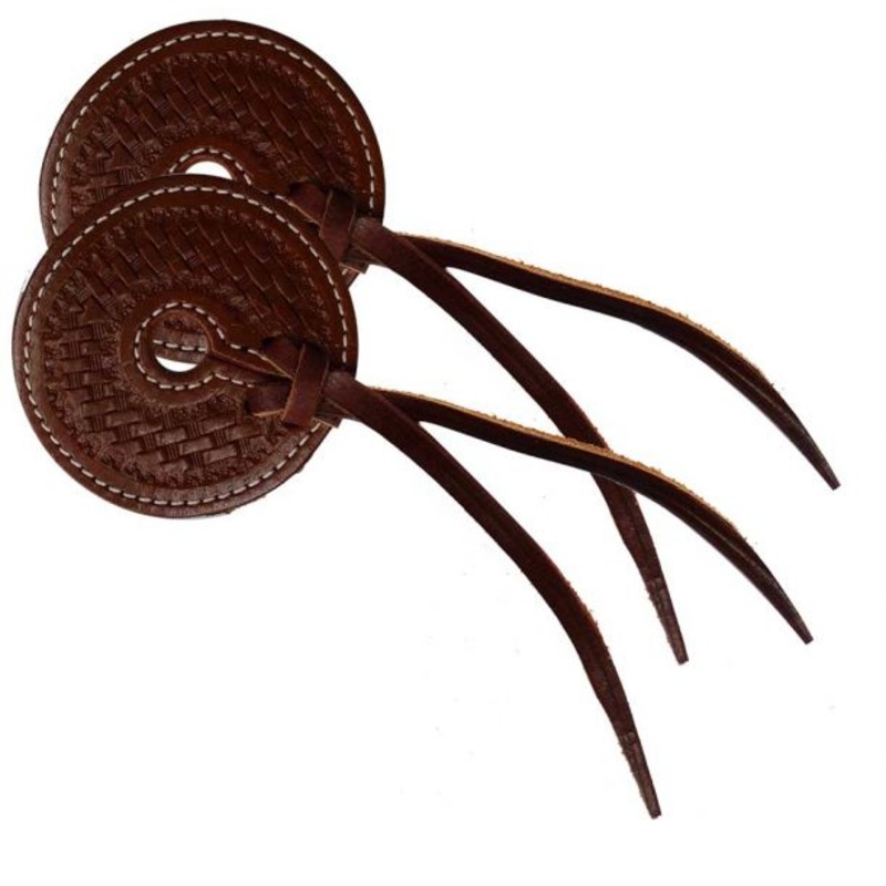 #175981: Basket tooled 3″ wide leather bit guard with leather strap closure